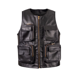 Black leather utility vest