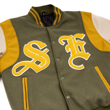 Load image into Gallery viewer, Olive Old English Collegiate Varsity Jacket
