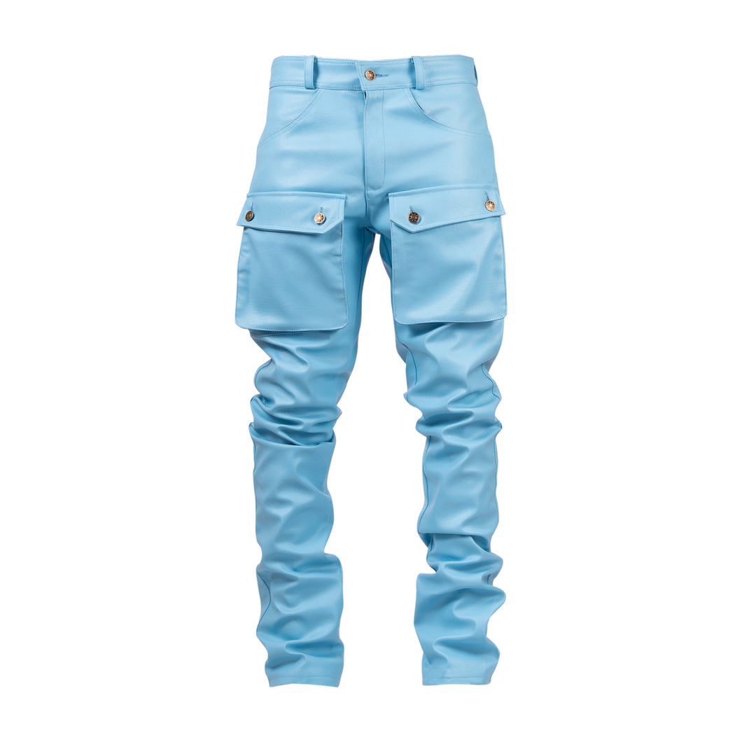 Powder blue leather cargo pants